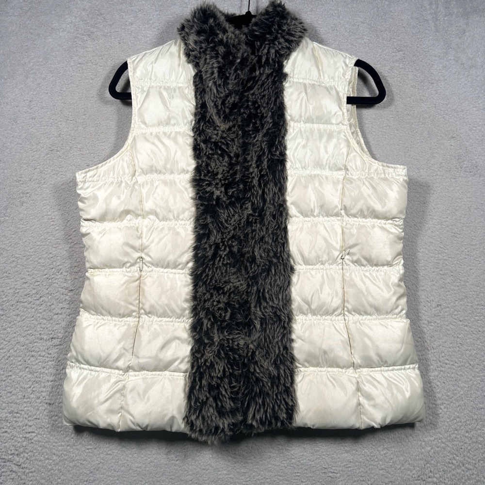 Vintage Y2K INC Puffer Vest Womens M Cream Faux Fur Trim Down Fill